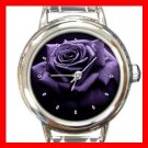 Purple Rose Print Flower Round Italian Charm Wrist Watch 451