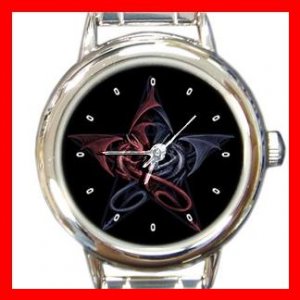 Wicca Pentagram Dragons Round Italian Charm Wrist Watch 464