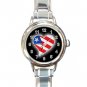 AMERICAN FLAG HEART Patriotic Round Italian Charm Wrist Watch 490
