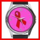 Red Ribbon Round Metal Wrist Watch Unisex 038