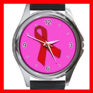 Red Ribbon Round Metal Wrist Watch Unisex 038