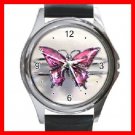 Pink Butterfly Fly Hobby Round Metal Wrist Watch Unisex 041
