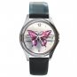 Pink Butterfly Fly Hobby Round Metal Wrist Watch Unisex 041