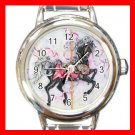 BLACK CAROUSEL HORSE Play Kids Round Italian Charm Wrist Watch 535