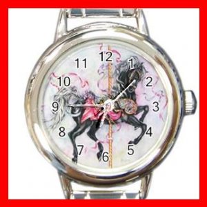 BLACK CAROUSEL HORSE Play Kids Round Italian Charm Wrist Watch 535