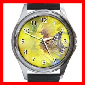 Butterfly on Sun Flowers Hobby Round Metal Wrist Watch Unisex 157