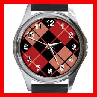 ARGYLE SQUARE Black Red Color Round Metal Wrist Watch Unisex 171