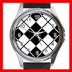 ARGYLE SQUARE Black White Color Round Metal Wrist Watch Unisex 172