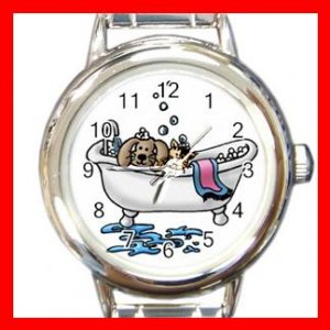 PET GROOMING CAT DOG BATH Round Italian Charm Wrist Watch 580