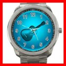 Blue Neon Guitar Music Fun Silvertone Sports Metal Watch 001