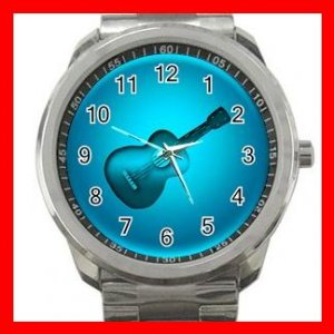 Blue Neon Guitar Music Fun Silvertone Sports Metal Watch 001