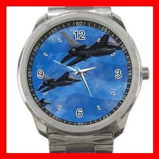 F16 F-16 Falcon Aircraft U.S. Flag Silvertone Sports Metal Watch 058