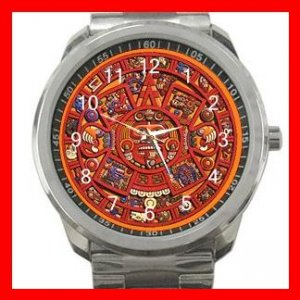 Orange Mayan Calendar Silvertone Sports Metal Watch 063