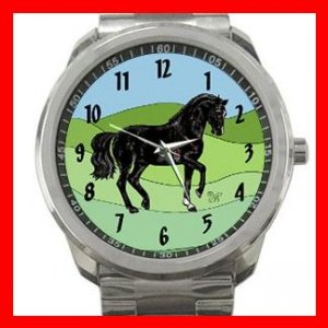 Black Horse Animals Horses Silvertone Sports Metal Watch 097