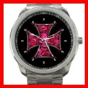 PINK SKULLS CROSS SKELECTON Silvertone Sports Metal Watch 152