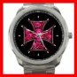PINK SKULLS CROSS SKELECTON Silvertone Sports Metal Watch 152