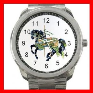 Black Carousel Horse Peacock Fun Silvertone Sports Metal Watch 155