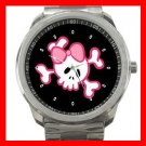PINK GIRLY SKULL SKELECTON FUN Silvertone Sports Metal Watch 156