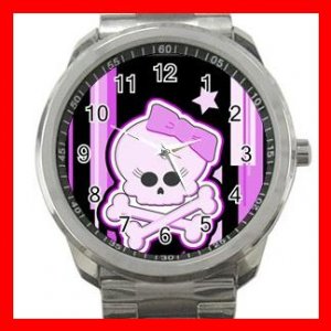 PURPLE GIRLY SKULL SKELECTON Silvertone Sports Metal Watch 157