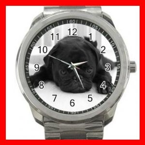 BLACK PUG PET DOG ANIMALS Silvertone Sports Metal Watch 192
