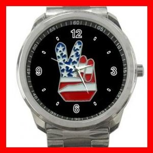 Peace Sign With American Flag Silvertone Sports Metal Watch 207