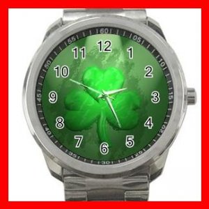 Irish Shamrock St Patricks Clover Silvertone Sports Metal Watch 210