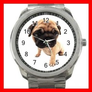 Cute Pug Puppy Pet Dog Silvertone Sports Metal Watch 241
