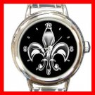 Fleur De Lis Silver On Black Round Italian Charm Wrist Watch 672