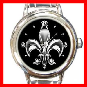 Fleur De Lis Silver On Black Round Italian Charm Wrist Watch 672
