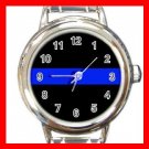 Thin Blue Line Police Officer Round Italian Charm Wrist Watch 673