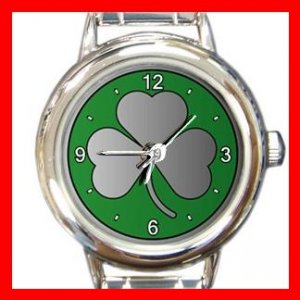 Lucky Irish Silver Shamrock Round Italian Charm Wrist Watch 675