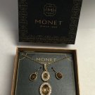 Vintage Monet Goldtone Amber Colored Pendant Necklace & Earring Set NIB