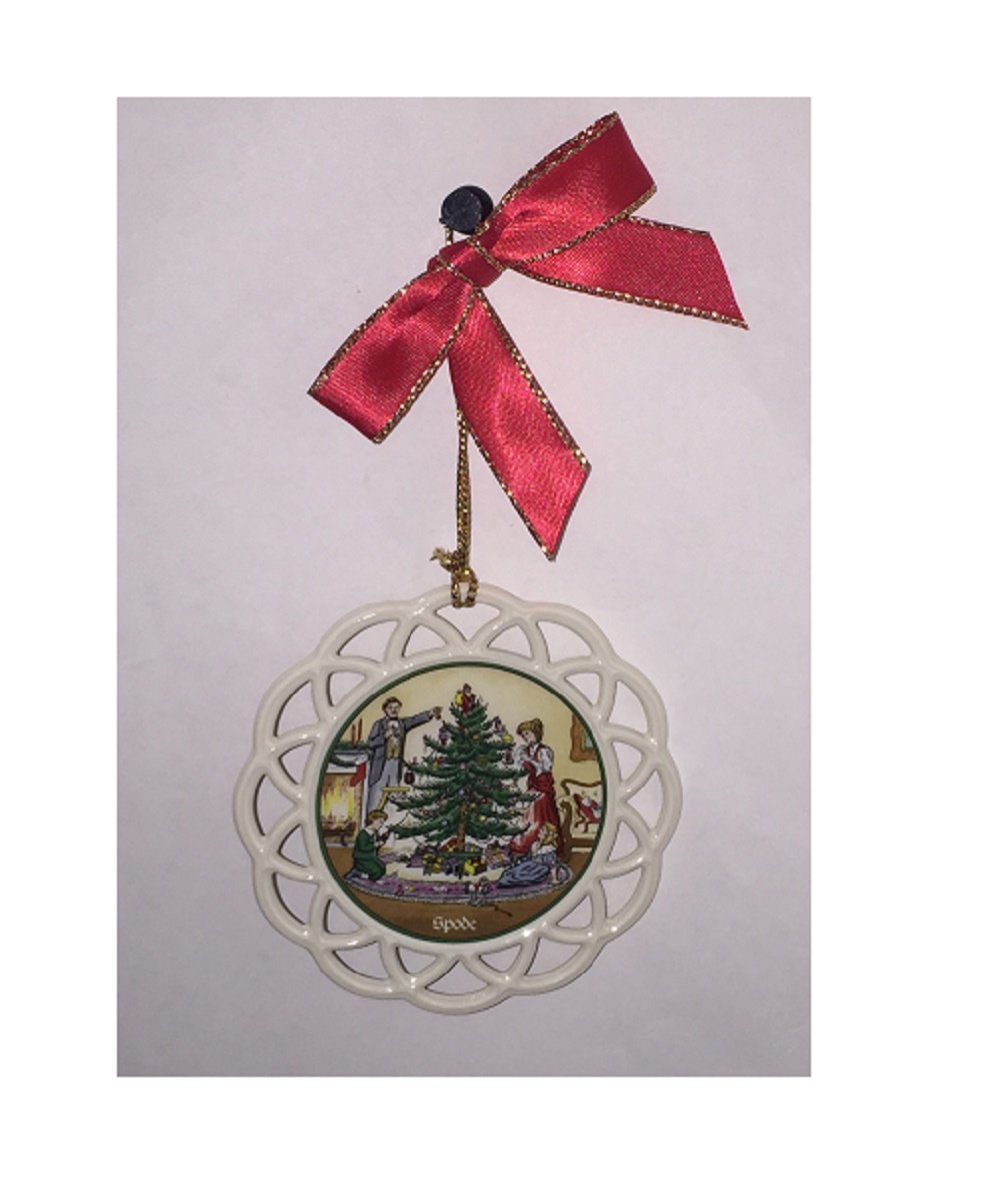 Vintage Spode Christmas Tree Hanging Porcelain Ornament with Gold Trim