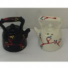 Vintage Cast Iron Painted Teapots Salt & Pepper Shakers w/ cork stoppers - Black & White