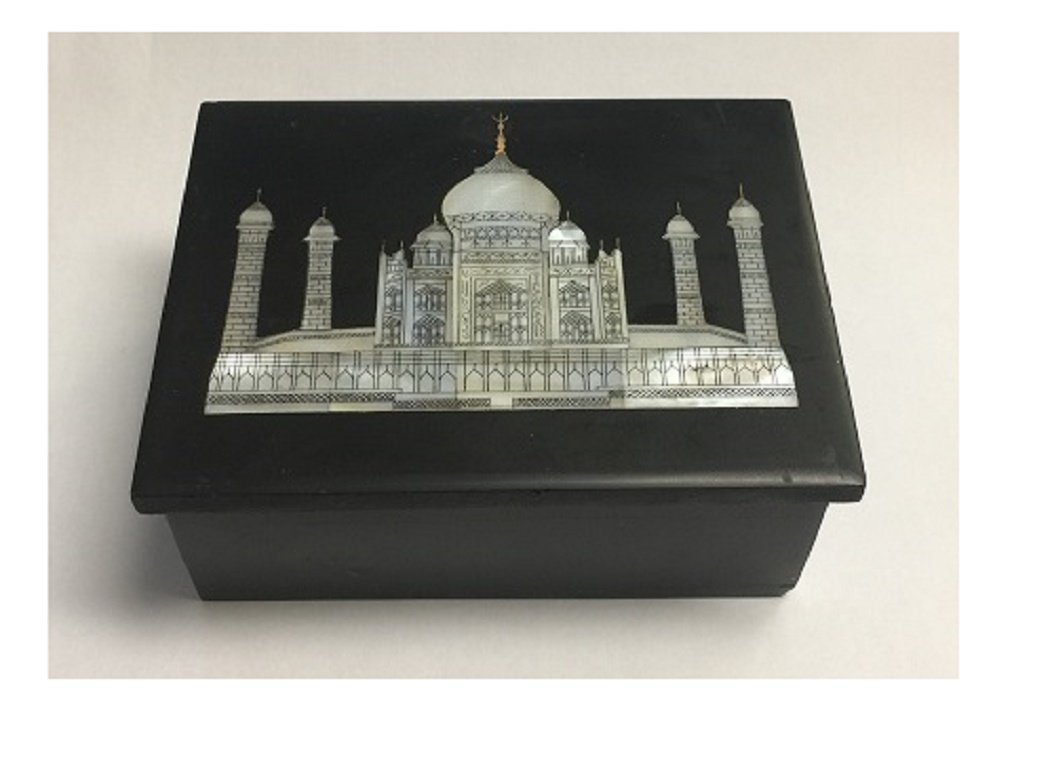 Vintage Black Soapstone Lined Trinket or Jewelry Box w/ Inlaid Mother