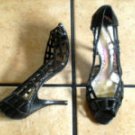 BCBG ARTSY BLACK DISTRESSED LEATHER PEEP TOE SANDALS