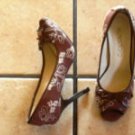 NADARA BROWN/CREAM CANVAS FLORAL PEEPTOE HEELS SHOES