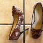 NADARA BROWN/CREAM CANVAS FLORAL PEEPTOE HEELS SHOES