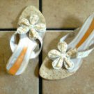 KENZIE SYBILLE CREAM LEATHER FLOWERED THONG SANDALS