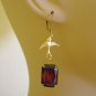 VINTAGE garnet glass golden brass bird octagon Earring