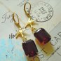 VINTAGE garnet glass golden brass bird octagon Earring