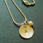 Sterling silver hammered intial A disk pearl pendant necklace