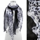 Duo Layered Floral Leopard Animal Chiffon Scarf Black  SF00232-BK