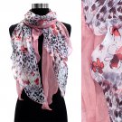 Duo Layered Floral Leopard Animal Chiffon Scarf Pink  SF00232-PK
