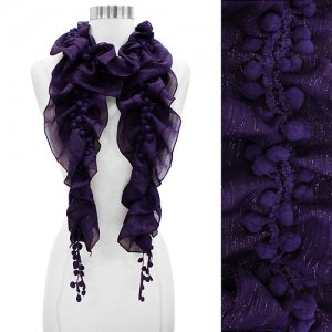 Pompom Decorated Grape Motif Chiffon Elastic Ruffle Fashion Scarf Purple  SF00238PU
