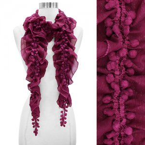Pompom Decorated Grape Motif Chiffon Elastic Ruffle Fashion Scarf Fuchsia Pink SF00238FU