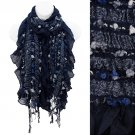 Stitched Elastic Detailed Fringes Ruffle Fashion Style Scarf Gray Blue SF00245BL
