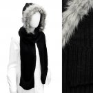 Fur Trim Hooded Hoodie Knit 1-Piece Scarf with Pocket Black SF00199-BK