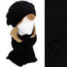Crochet Flower Knit Fashion Beret Hat & Muffler Scarf 2 Pieces Set Solid Black HT00011BK