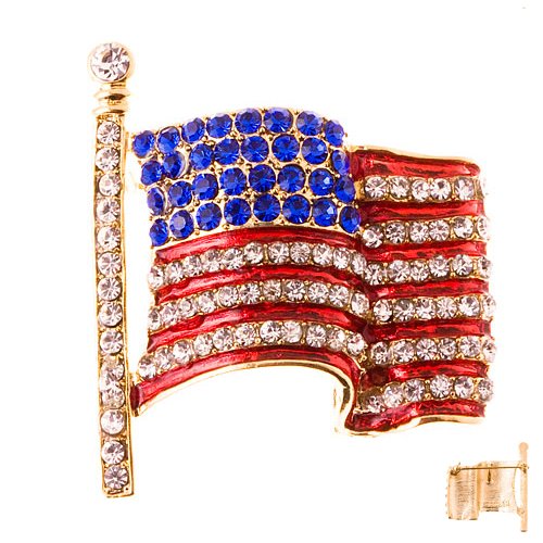 Patriotic Jewelry American Flag Crystal Rhinestone 3D Brooch Pin Gold